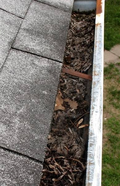 Gutter filled with leaves and roof debris